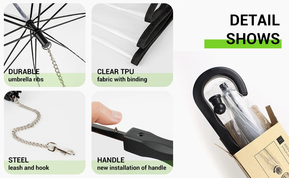 Pet Umbrella with Built-in Leash - Clear Canopy for Small Dogs and Cats