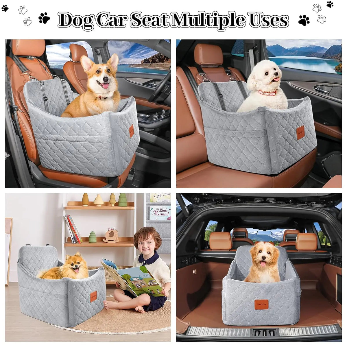 Elevated Memory Foam Dog Car Booster Seat with Storage Pockets