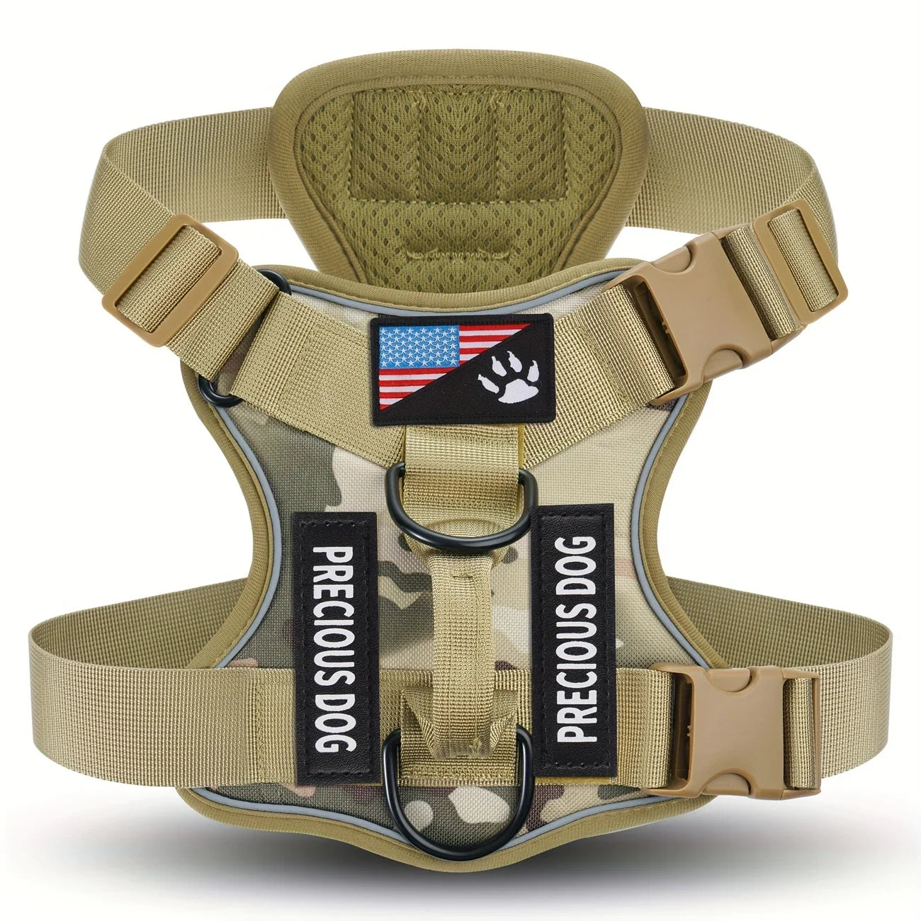 Harnais tactique anti-traction pour chien avec bandes réfléchissantes de nuit