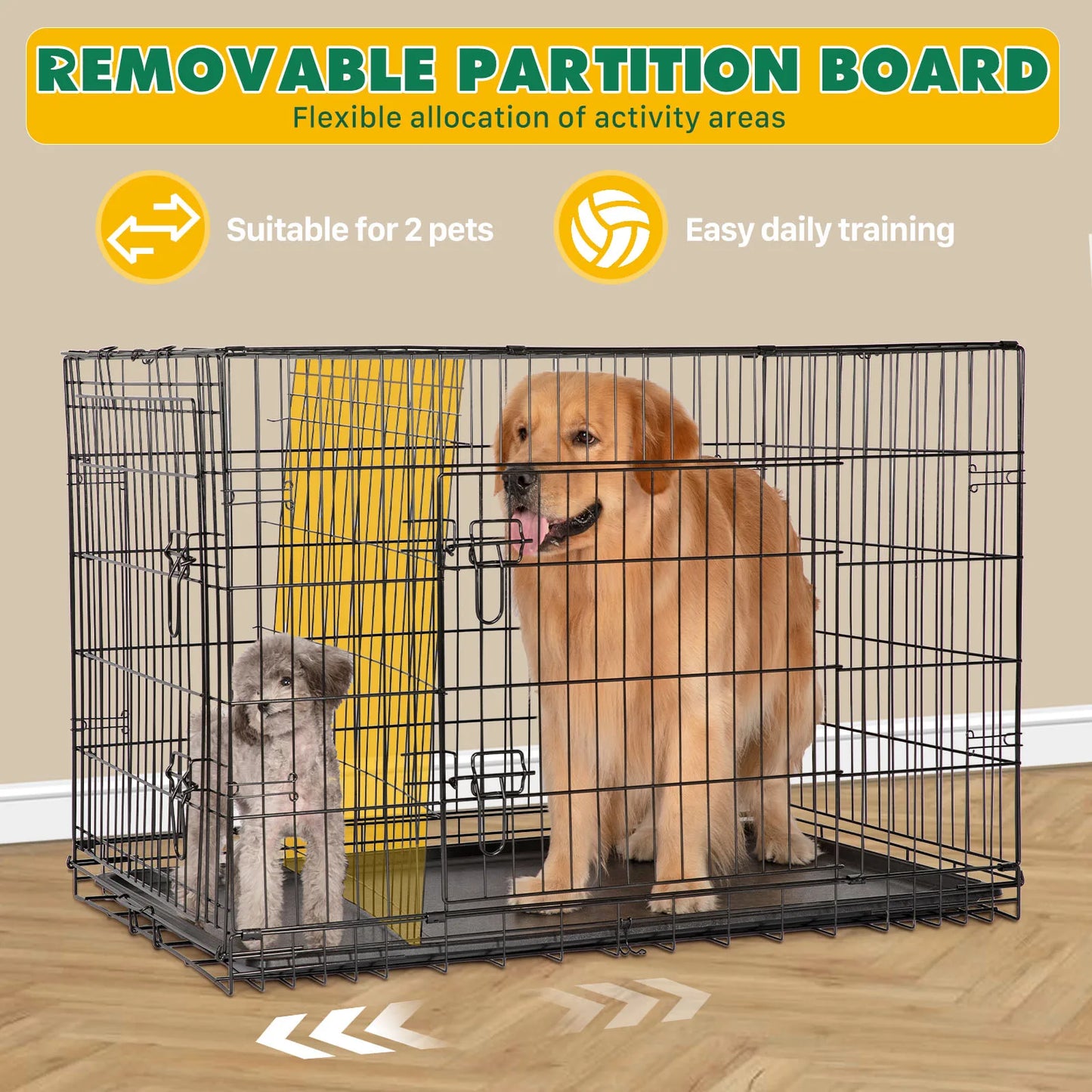 Folding Metal Wire Dog Crate with Leak-Proof Tray | Double Door