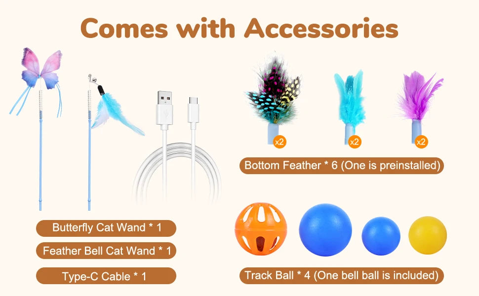 Jouet pour chat automatique rechargeable 4-en-1 avec papillon, plume et balle de piste