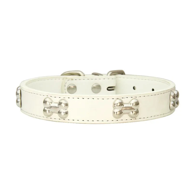 Durable Leather Dog Collar with Bone Design for Small to Large Dogs