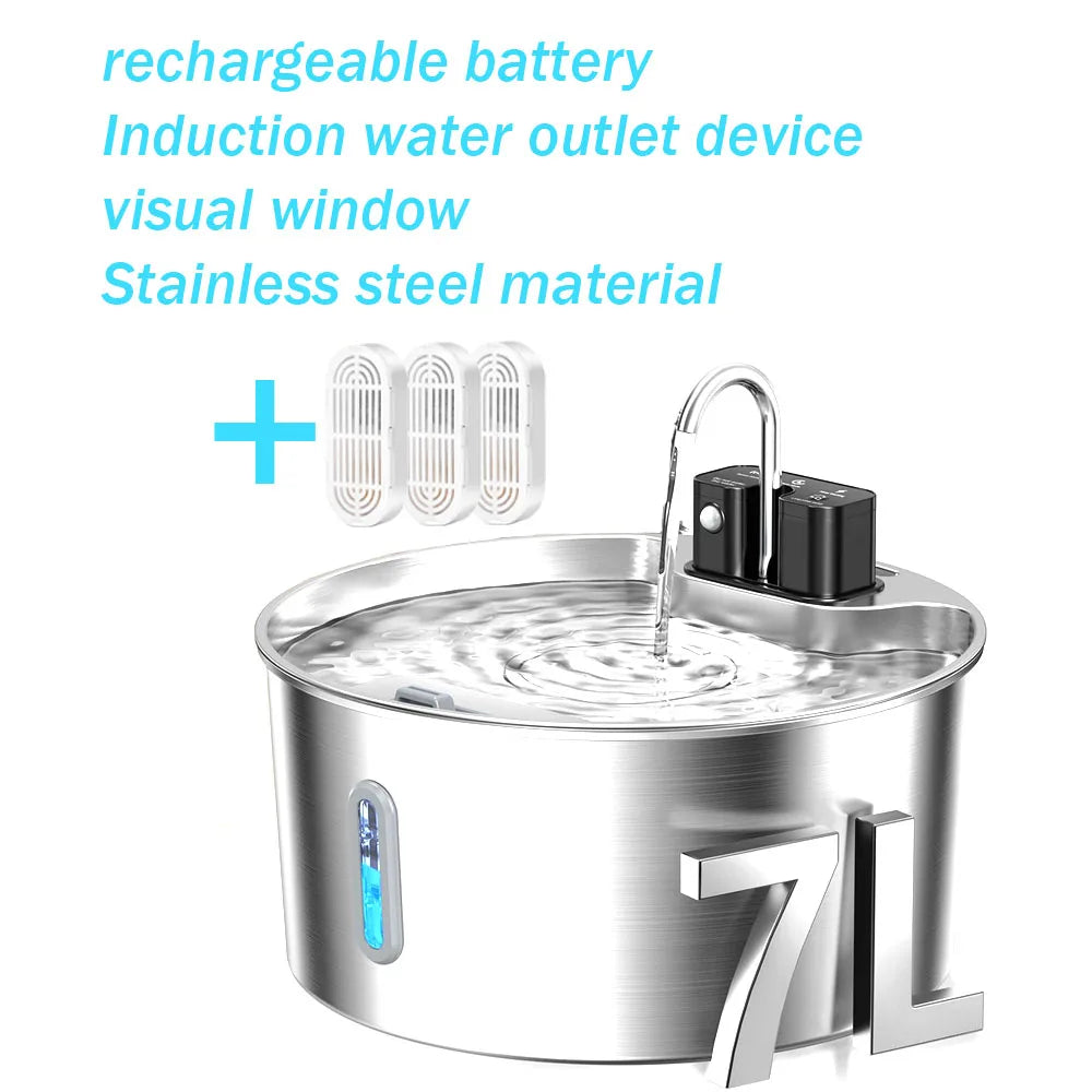 7L wireless rechargeable cat water fountain, stainless steel dog water fountain, pet water fountain with visual window