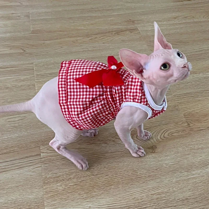Robe de princesse pour animaux de compagnie - Robe d'été à rayures et carreaux avec nœud pour chats et petits chiens