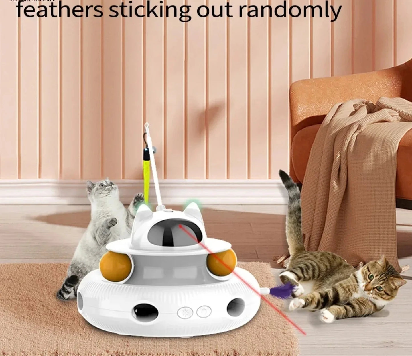 Jouet interactif intelligent 4-en-1 pour chat avec laser, plumes et balles de piste