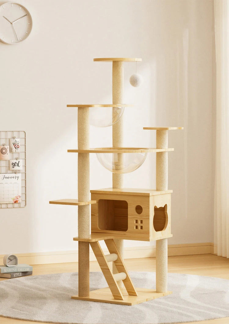 Wooden Cat Tree with Hideaway & Clear Perch