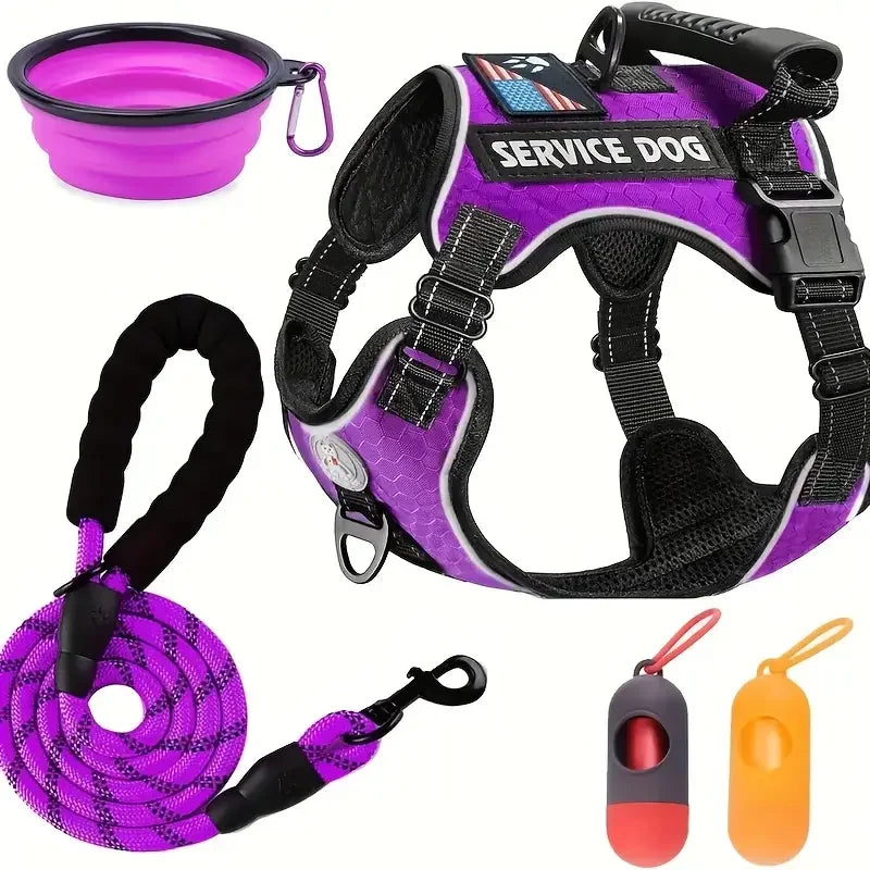 Dog Harness Set — Chest Vest, Shock-Absorbing Lead, Folding Bowl & Waste Bags