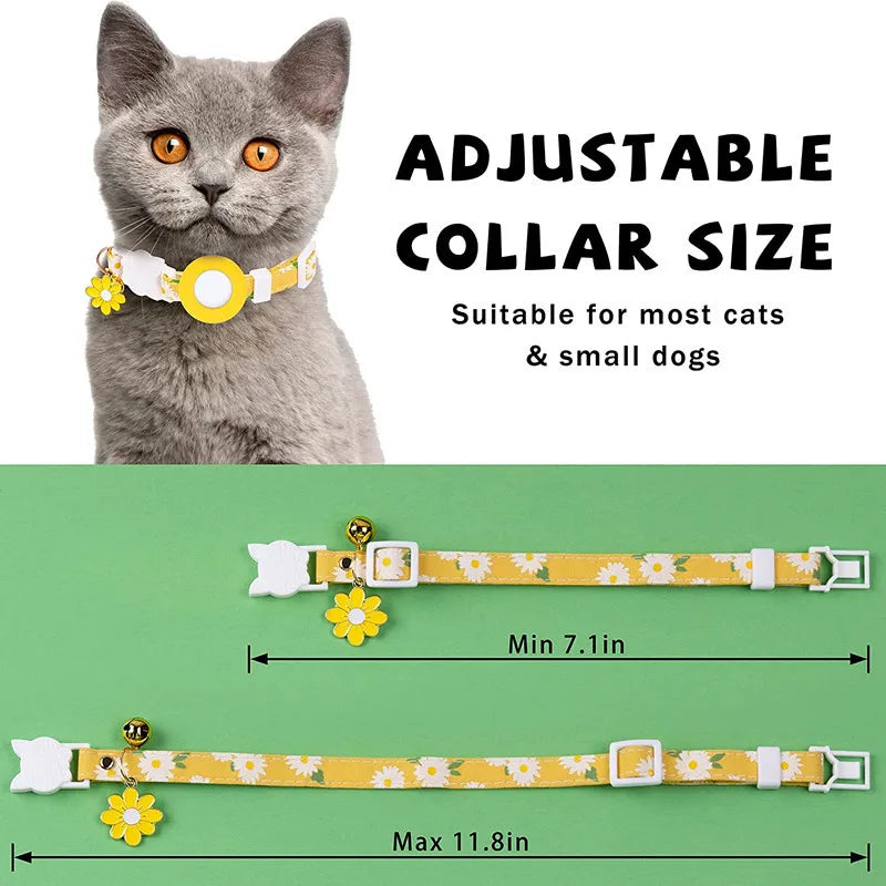 Collier de chat sécurisé avec support AirTag marguerite et grelot