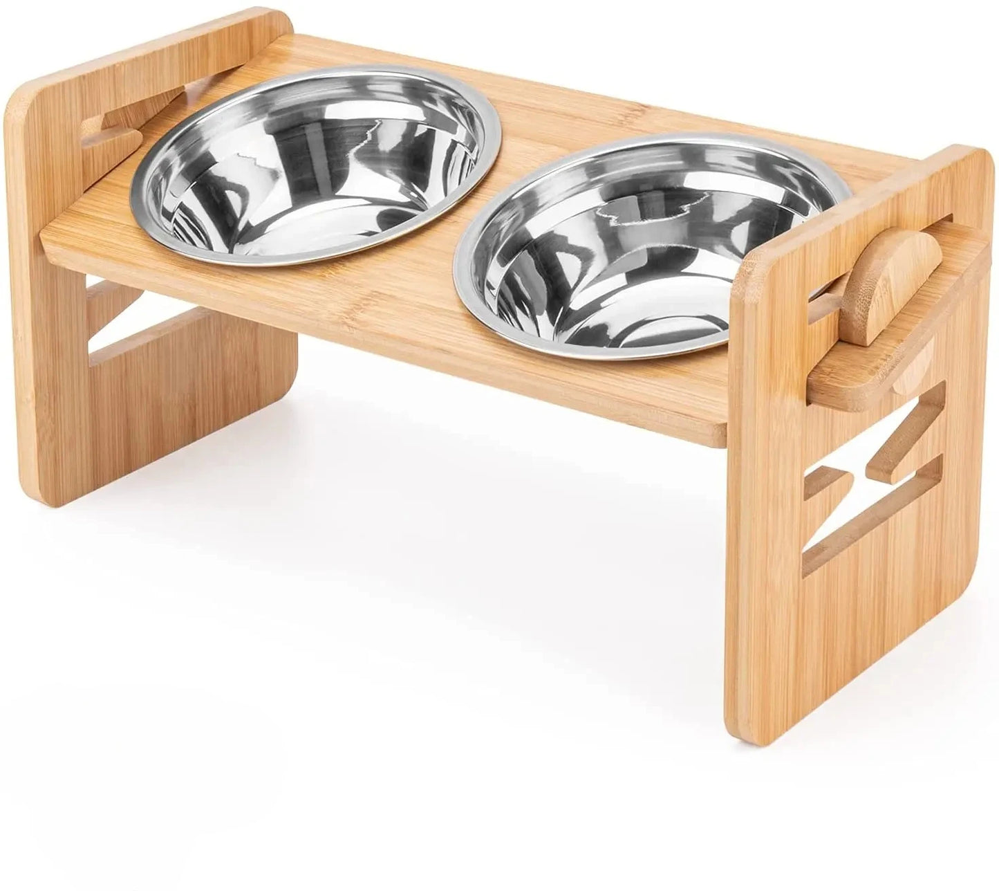 Bamboo Elevated Dog Bowl Stand with 6-Level Adjustable Height — 2 Stainless Steel Bowls