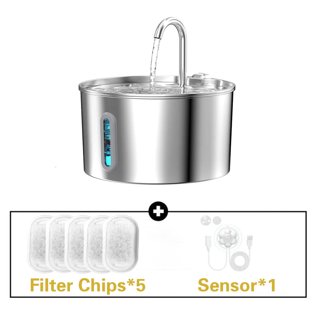 2.2L Stainless Steel Silent Pet Water Fountain — Dual Style with Filter & Sensor Options