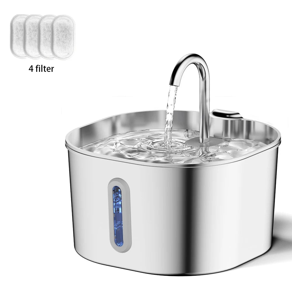 ZYfeeder Fontaine à eau pour animaux de compagnie en acier inoxydable de 2,2 L, fontaine d'eau artésienne pour chats, pompe à eau ultra-silencieuse avec filtre