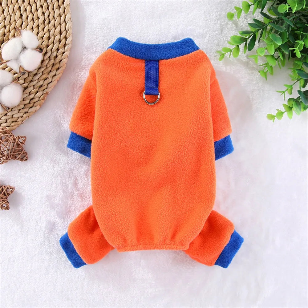 Fleece Dog Jumpsuit Hoodie with Leash Ring — Warm Winter Coat for Dogs & Cats