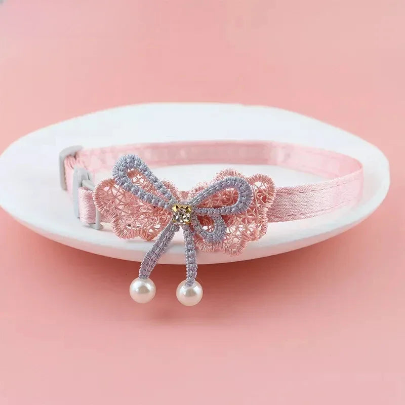 Pink Lace Bow Pet Collar with Bell for Cats and Small Dogs