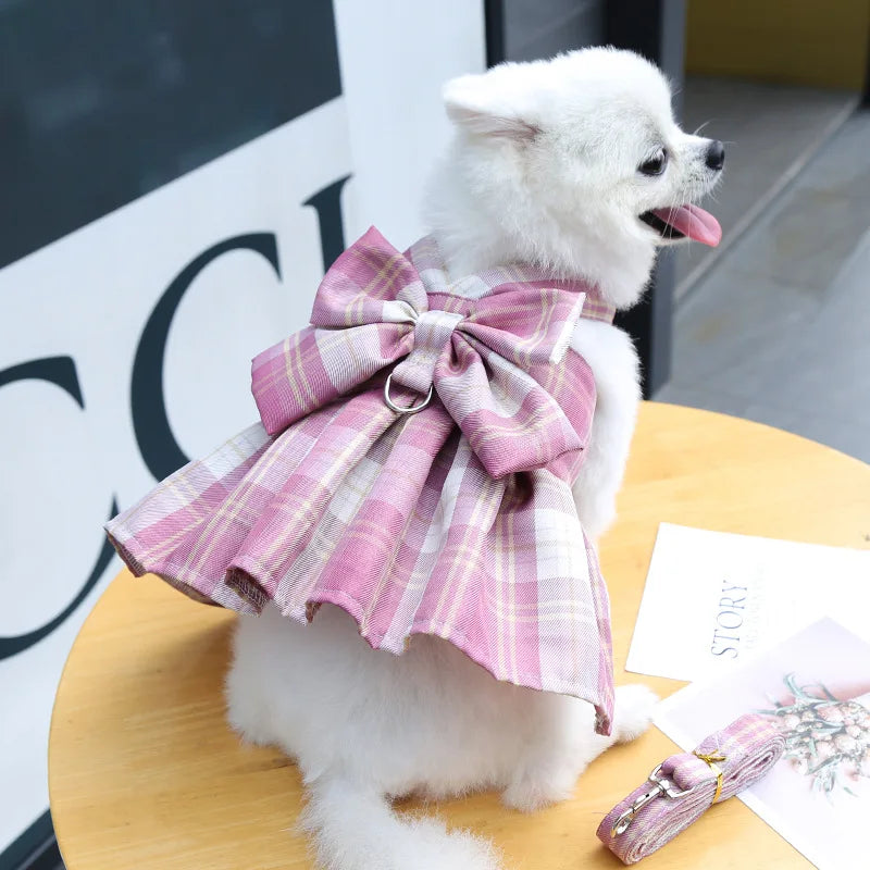 Plaid Bow Dress & Leash Set for Cats and Small Dogs