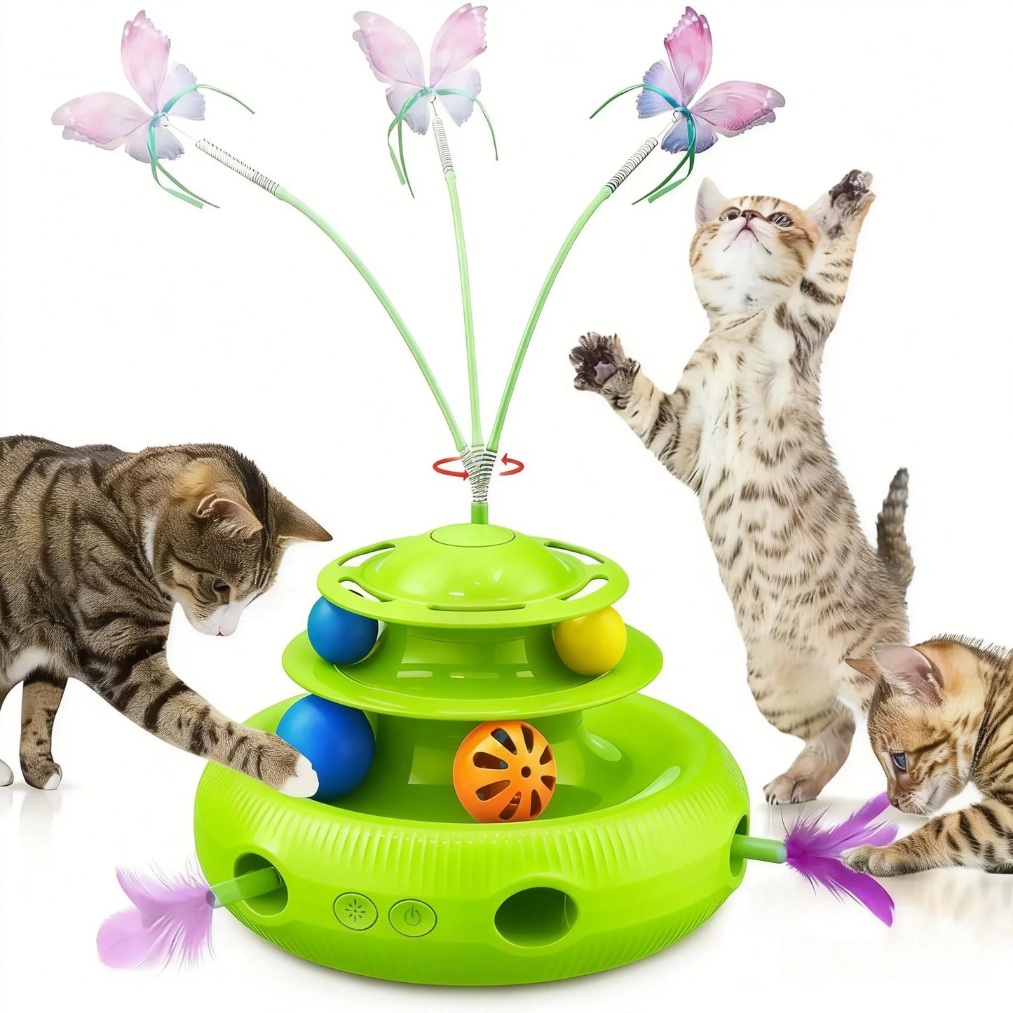 Jouet pour chat automatique rechargeable 4-en-1 avec papillon, plume et balle de piste