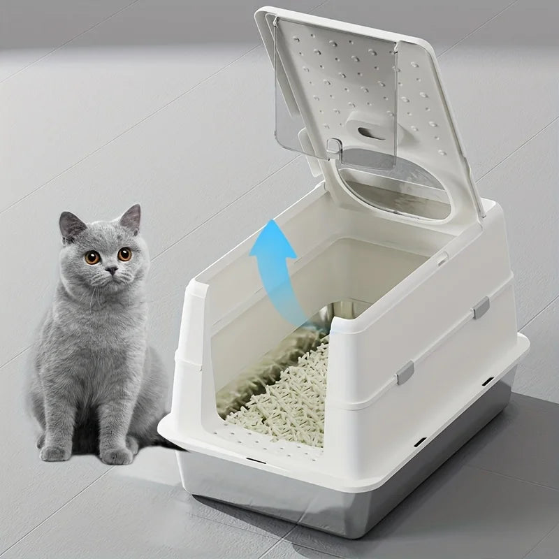 Enclosed Stainless Steel Cat Litter Box with Flip Cover & Non-Slip Mat