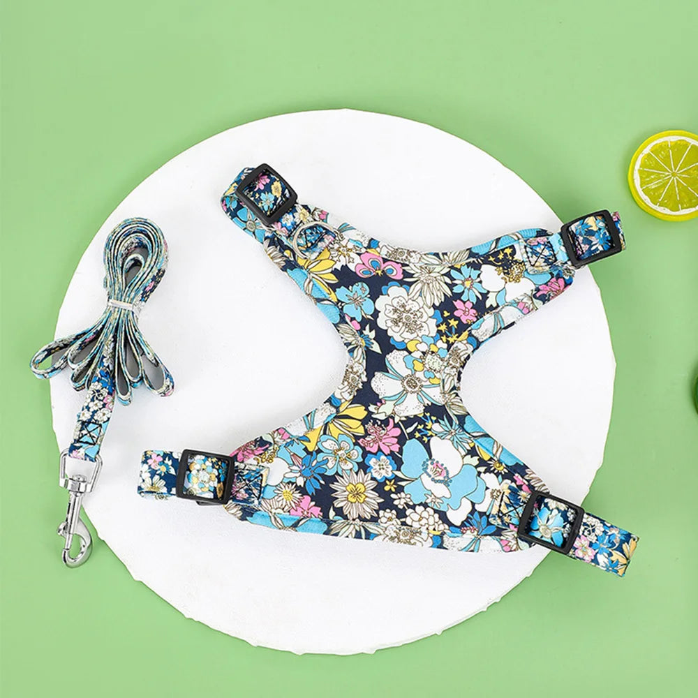 Floral Print Dog Harness & Lead Set with Reflective Strips