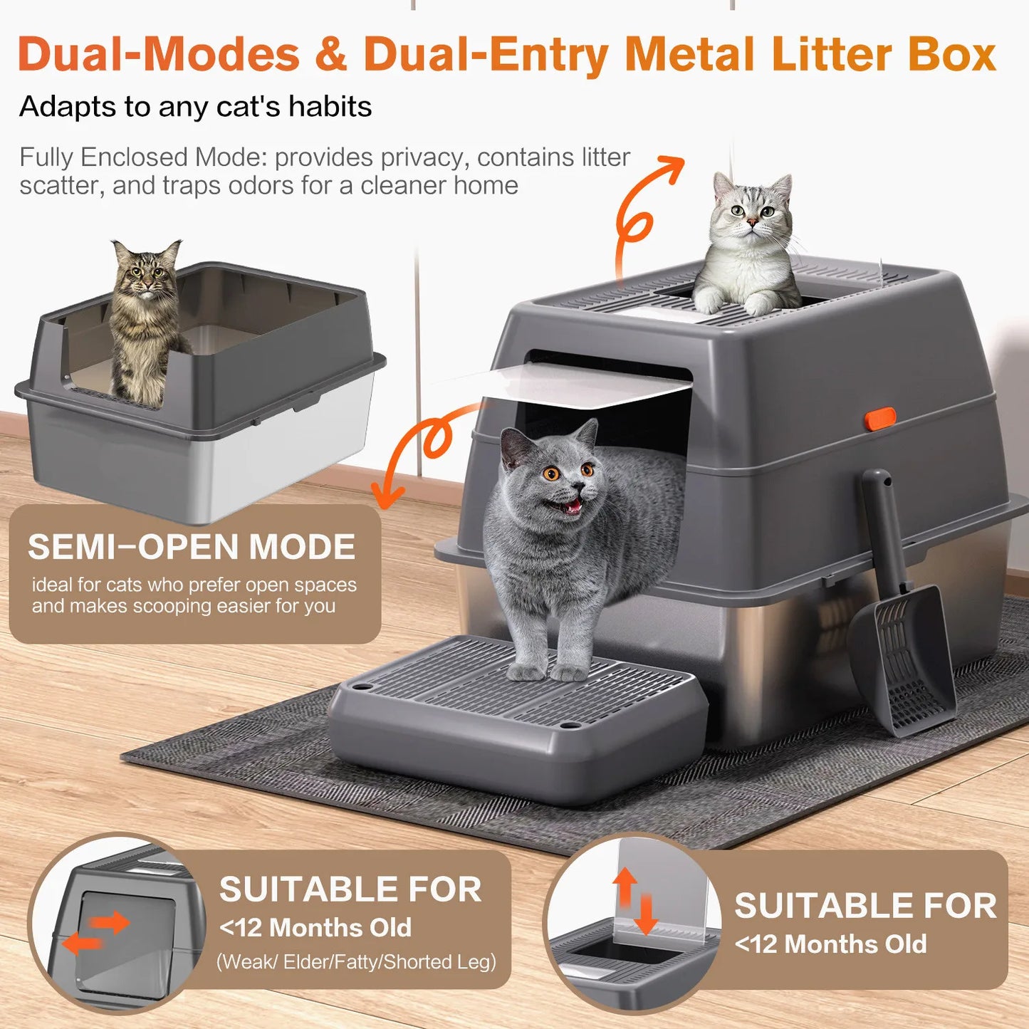 Extra Large Enclosed Stainless Steel Cat Litter Box with Lid
