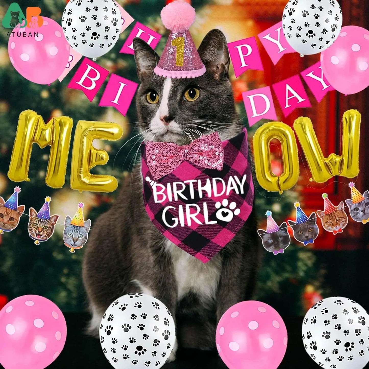 Fournitures d'anniversaire pour chat - Ensemble chapeau, bandana et nœud papillon