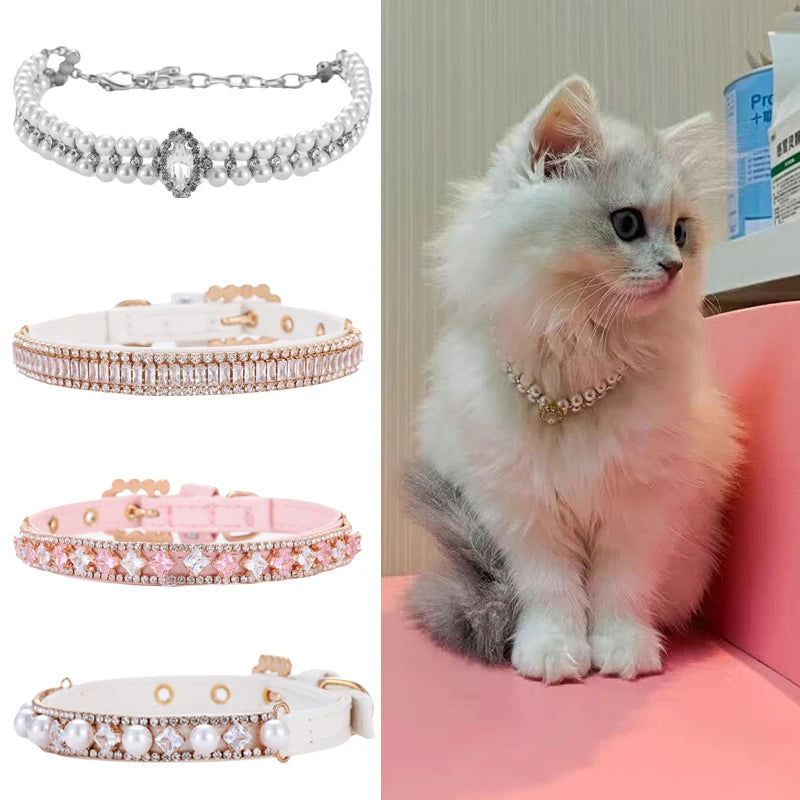 Rhinestone & Pearl Cat Collar Necklace