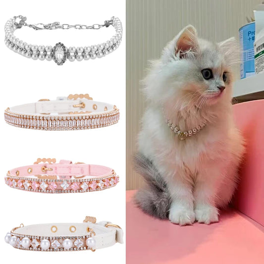 Rhinestone & Pearl Cat Collar Necklace