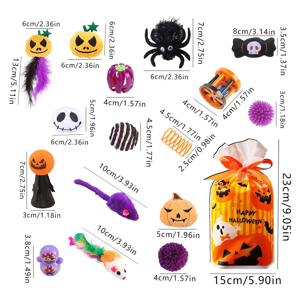 Halloween Cat Toys Set with Bats, Spiders and Pumpkins