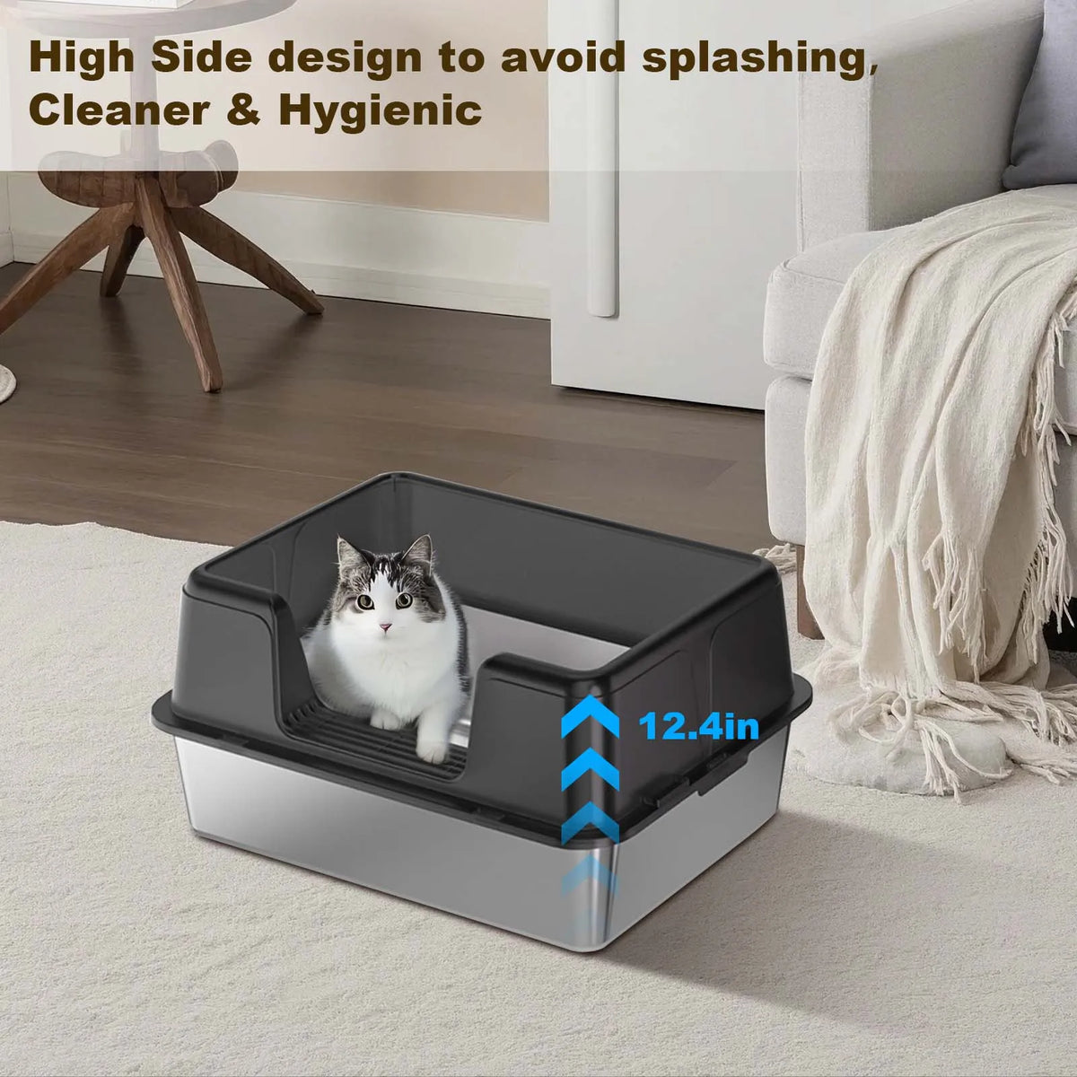 Stainless Steel Semi-Enclosed Cat Litter Box | High Sides | Anti-Splash | 3 Sizes