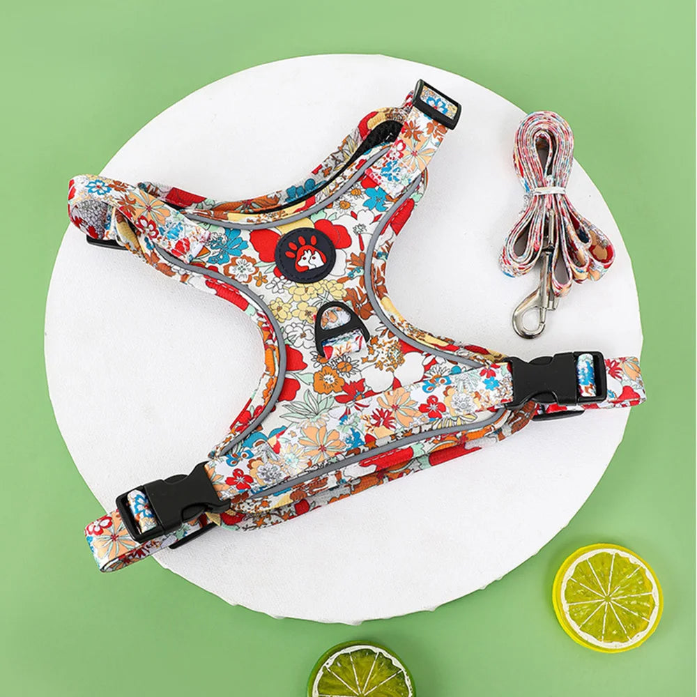 Floral Print Dog Harness & Lead Set with Reflective Strips