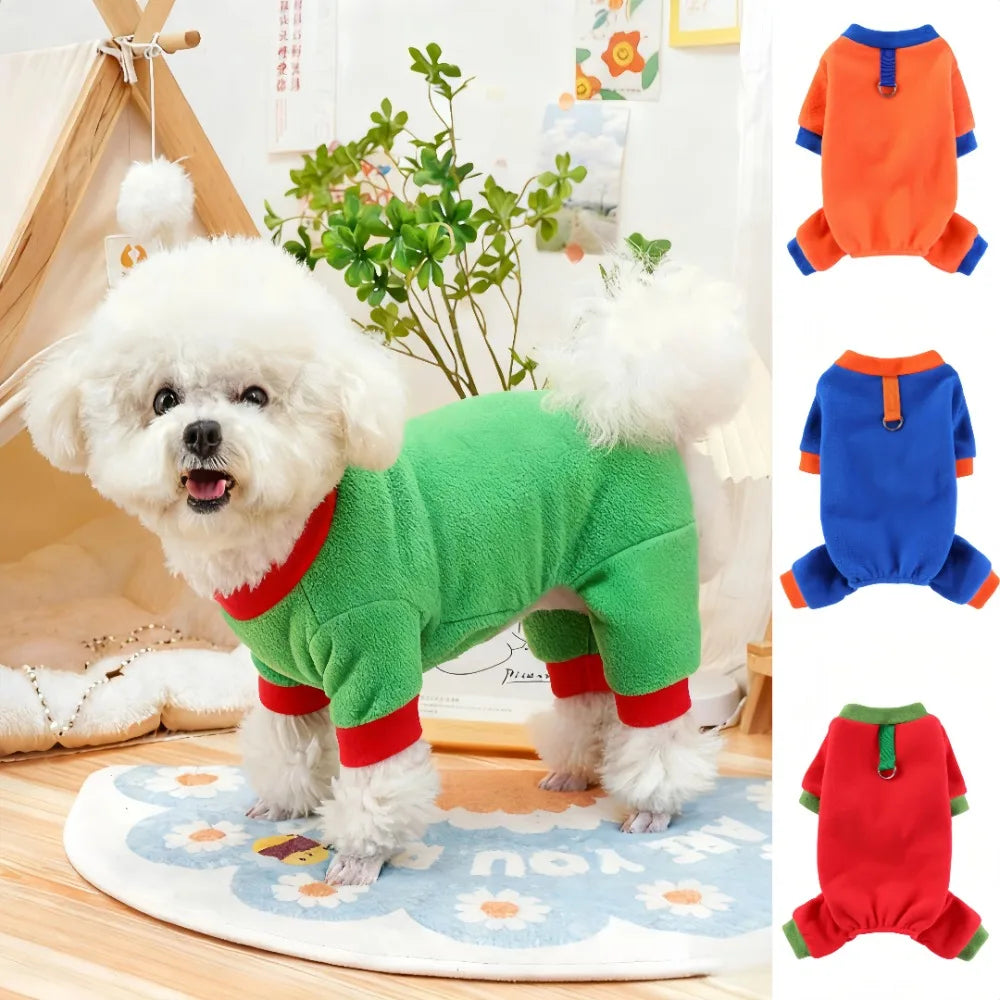 Fleece Dog Jumpsuit Hoodie with Leash Ring — Warm Winter Coat for Dogs & Cats