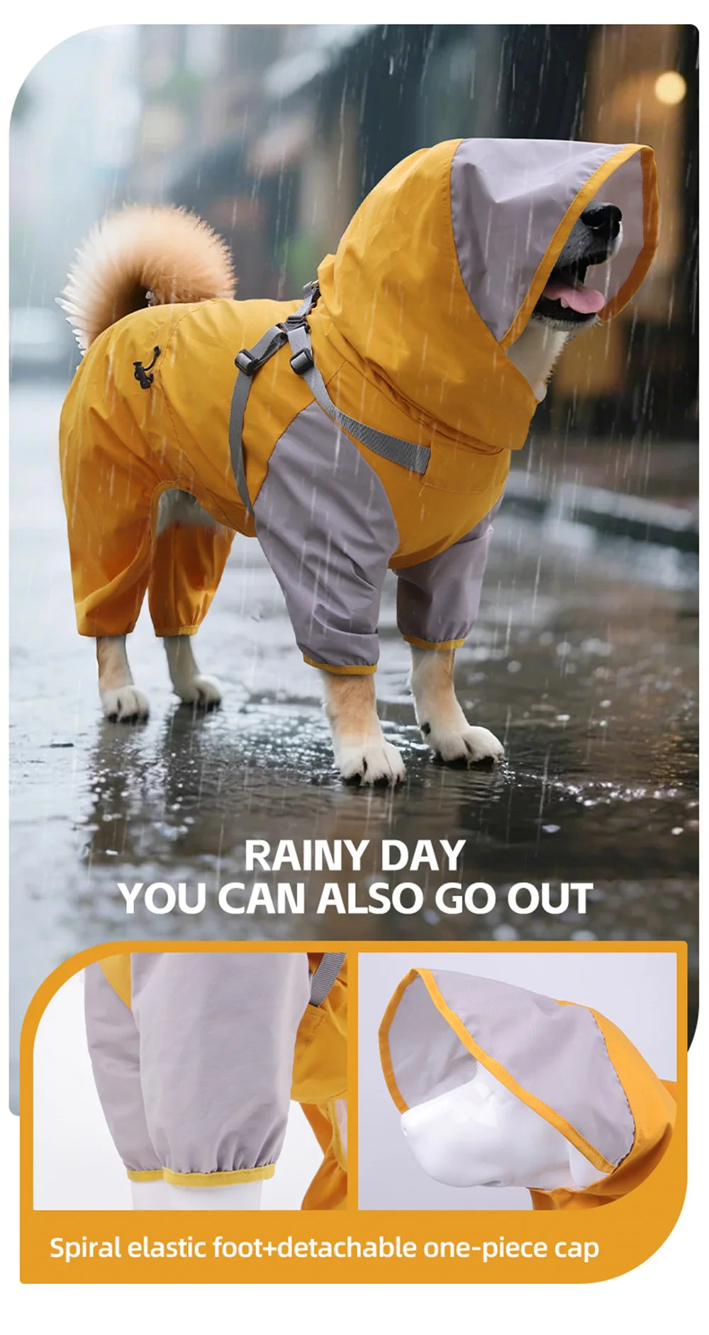 Waterproof Dog Raincoat with Harness & Detachable Hood