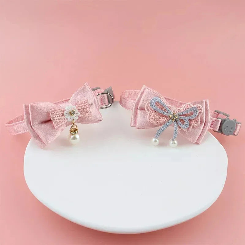Pink Lace Bow Pet Collar with Bell for Cats and Small Dogs