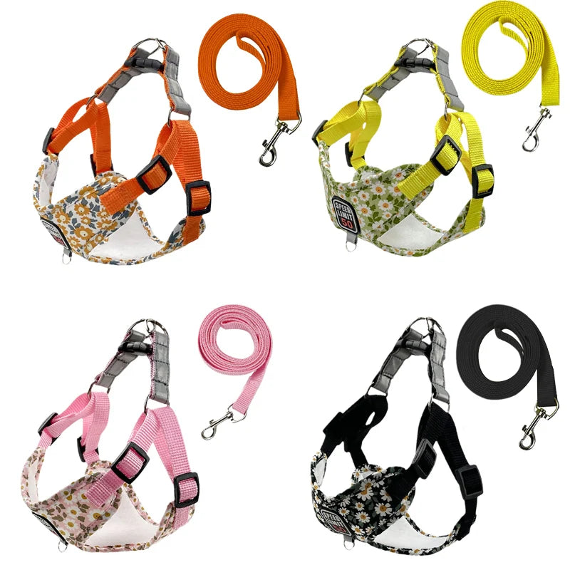 Flower Print X-Shape Harness & Leash Set for Cats & Small Dogs