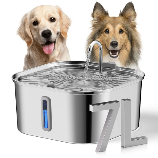 Grande fontaine pour chien : fontaine pour chien en acier inoxydable de 1,8 gal/7 l - Distributeur d'eau pour plusieurs chats et chiens