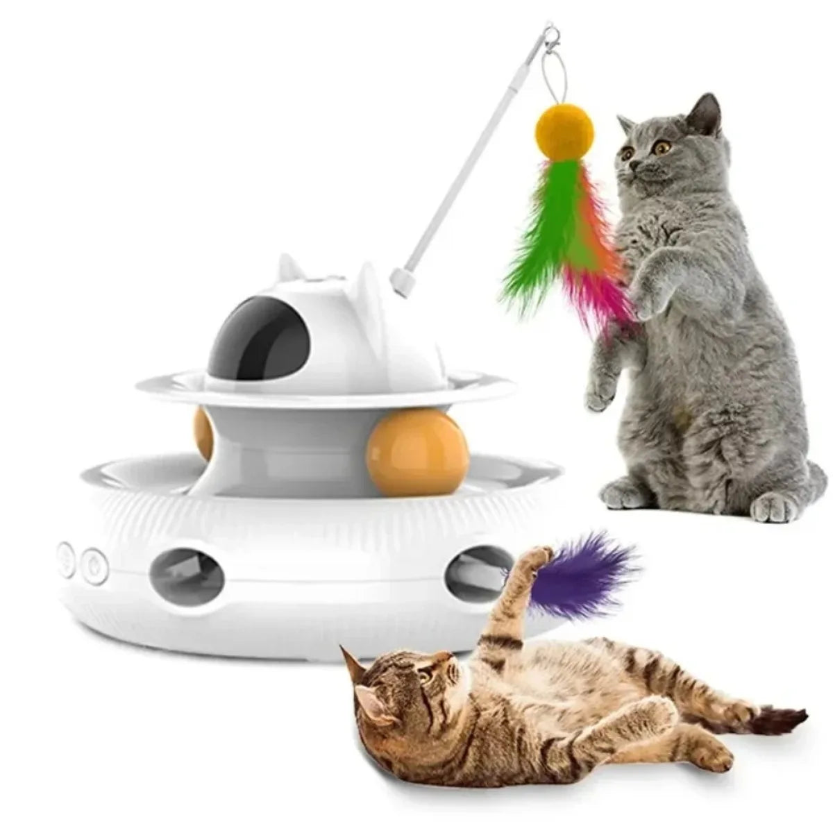 Jouet interactif intelligent 4-en-1 pour chat avec laser, plumes et balles de piste