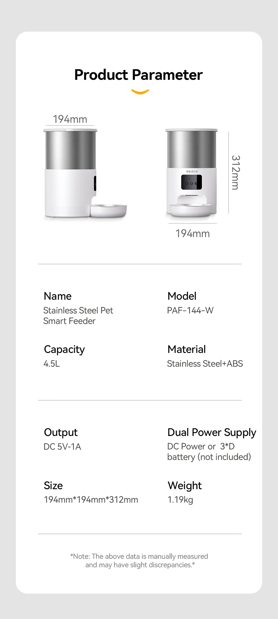 Distributeur automatique intelligent pour animaux de compagnie en acier inoxydable de 4,5 L avec Wi-Fi et enregistrement vocal