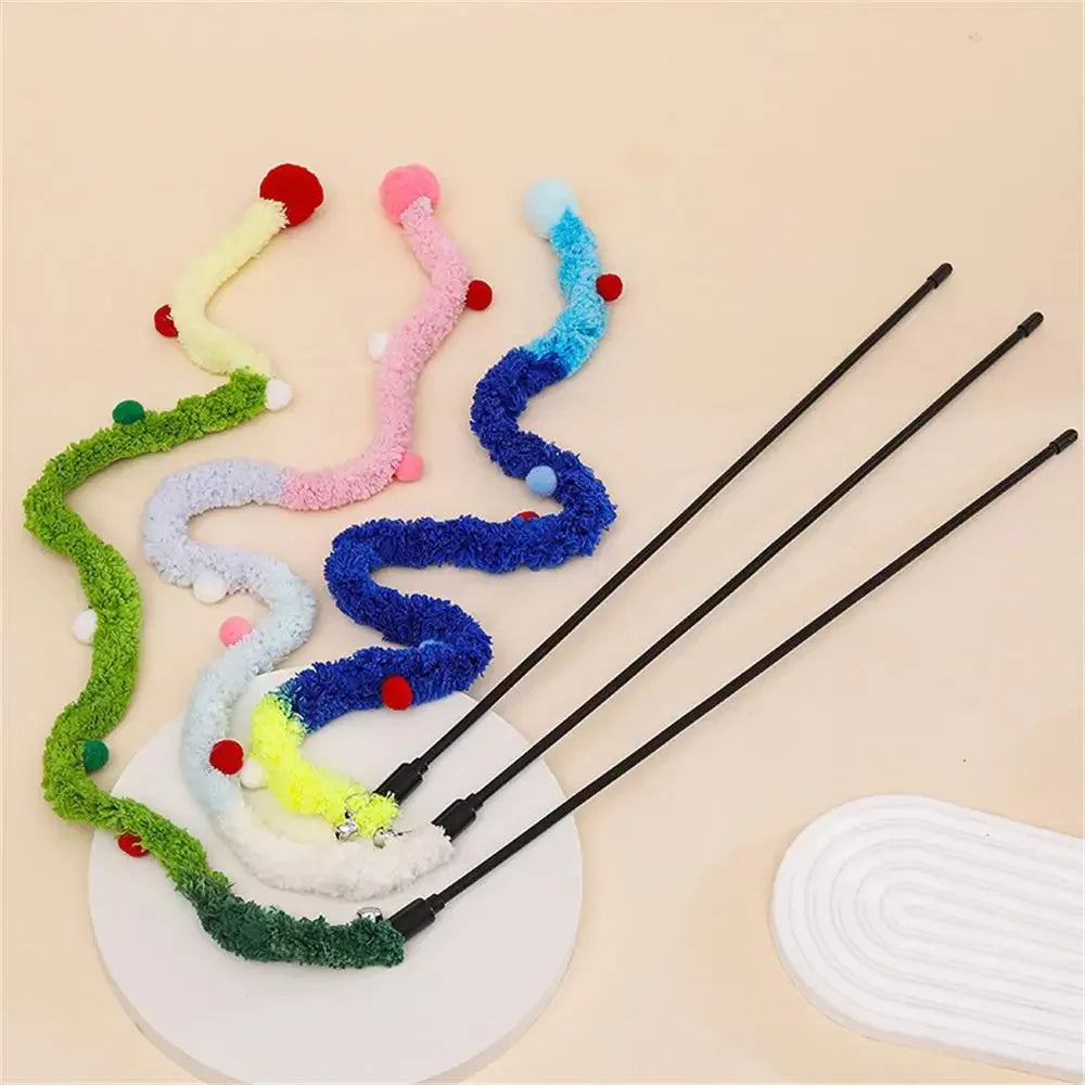 Rainbow Caterpillar Cat Wand Toy with Bell – Interactive Feather Stick
