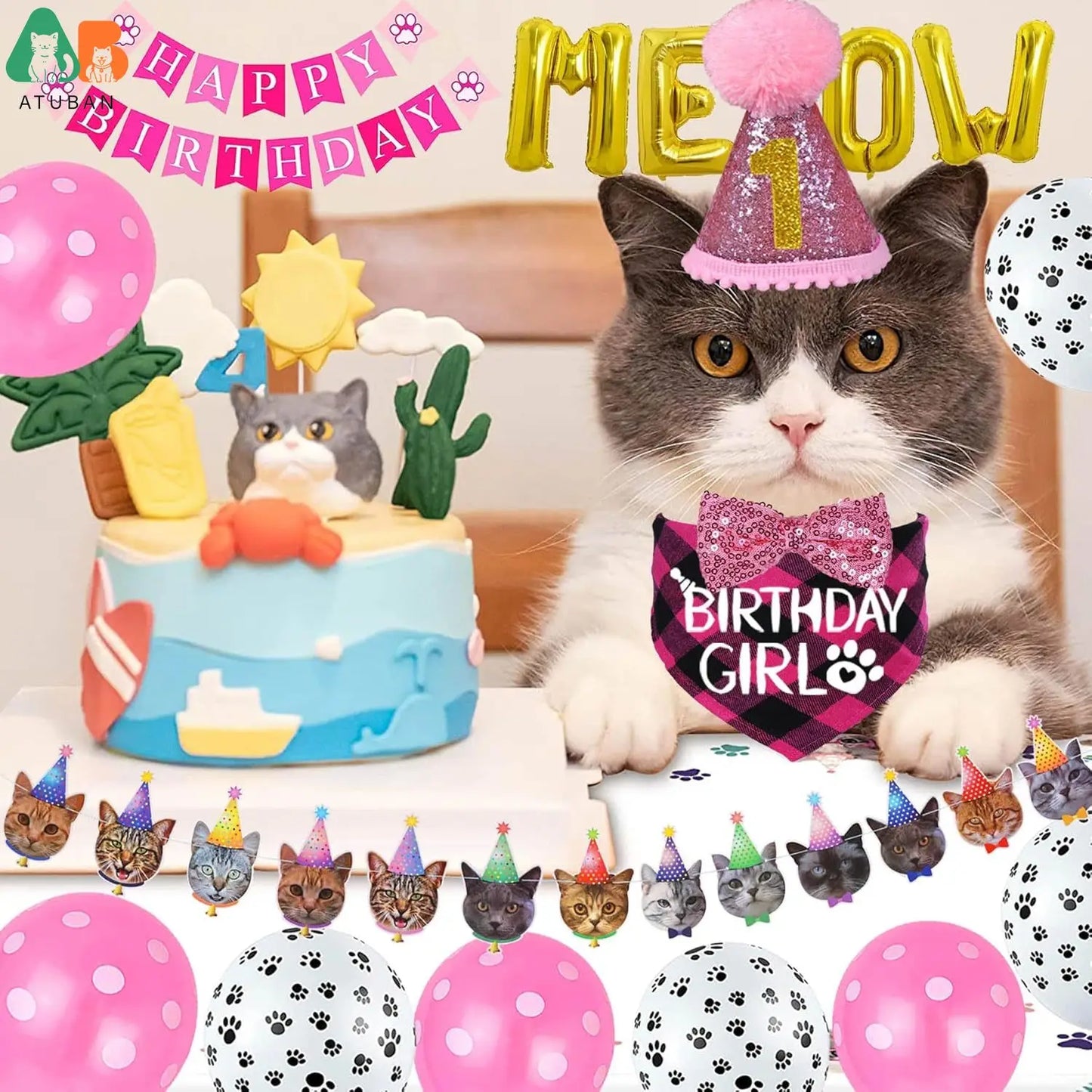 Fournitures d'anniversaire pour chat - Ensemble chapeau, bandana et nœud papillon