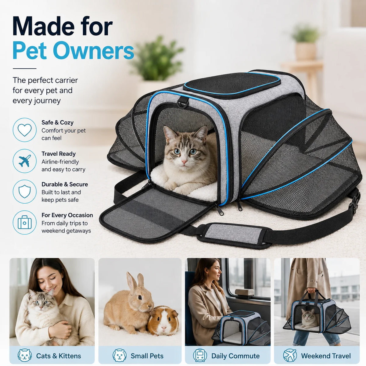 Double-Expandable Pet Carrier with Removable Cushion