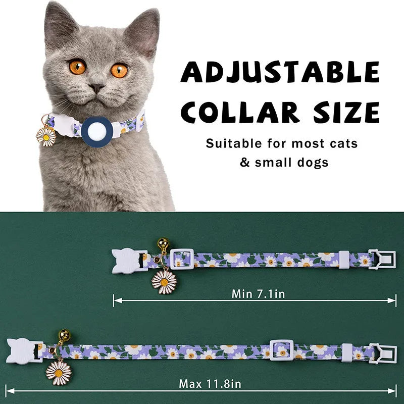 Collier de chat sécurisé avec support AirTag marguerite et grelot