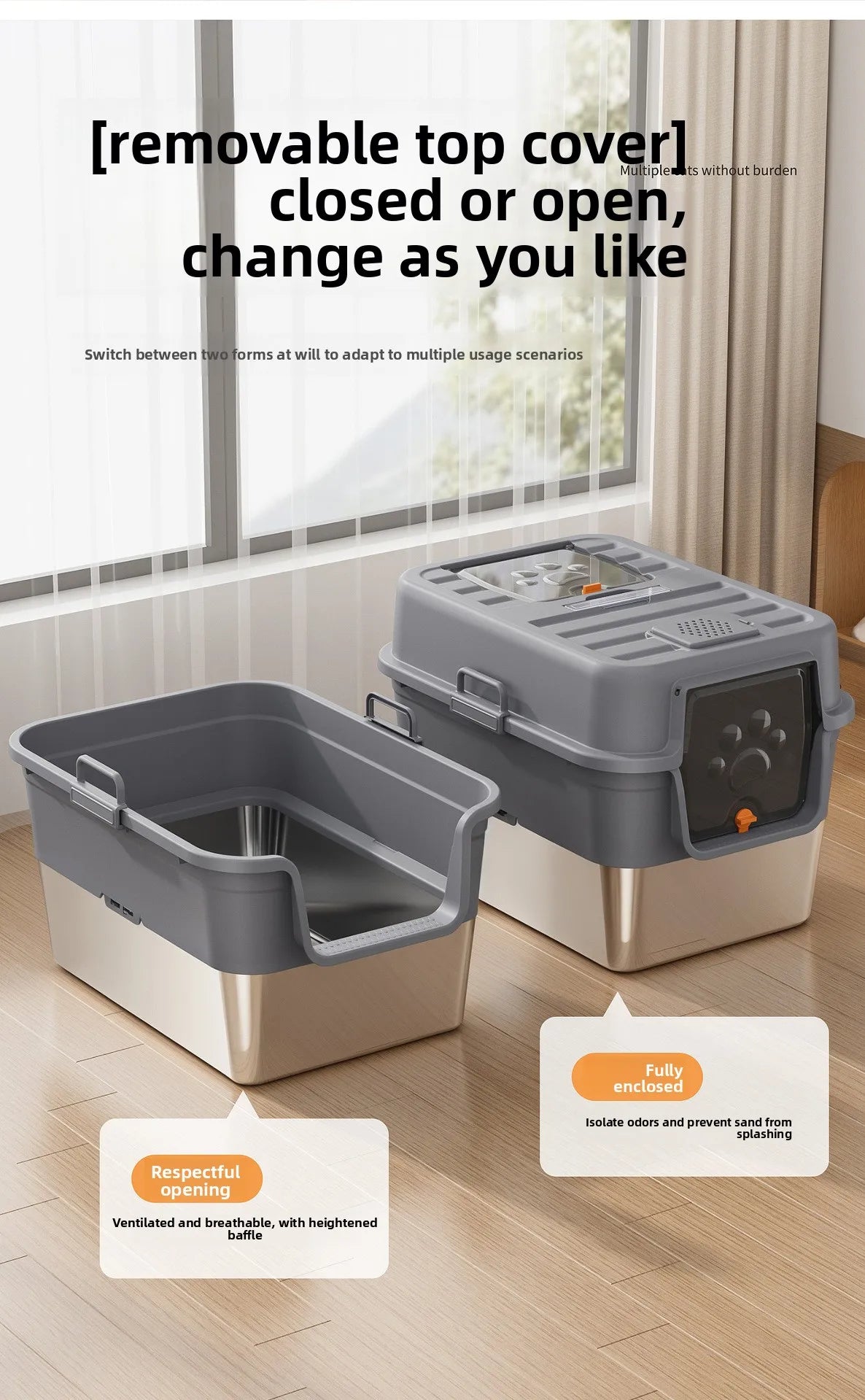 Stainless Steel Top Entry Self-Cleaning Cat Litter Box — Extra Large, Splash-Proof & Portable
