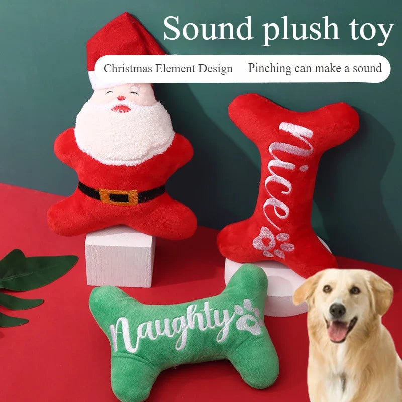 Christmas Dog Plush Toy - Squeaky Santa Claus Bone Toy for Small Dogs