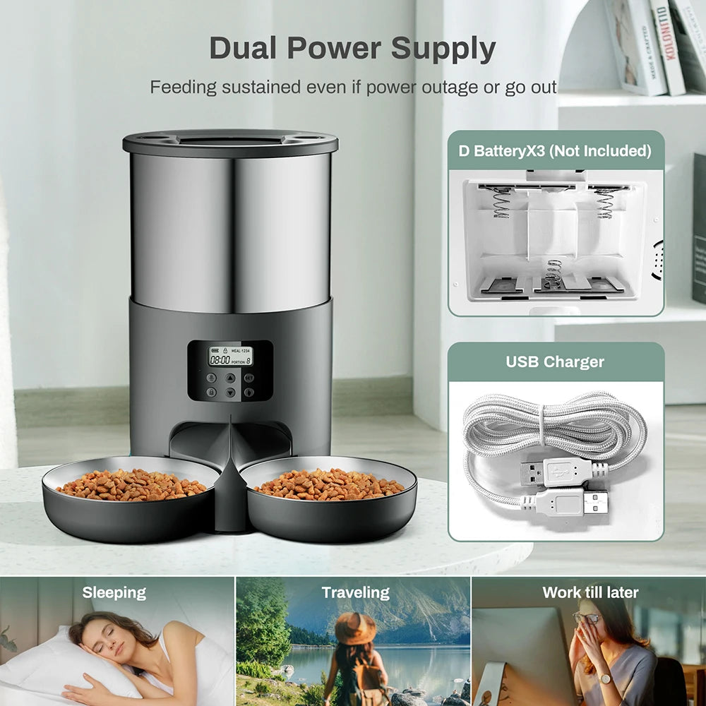 Distributeur automatique de croquettes 4L – Mangeoire en acier inoxydable avec contrôle par application WiFi ou bouton