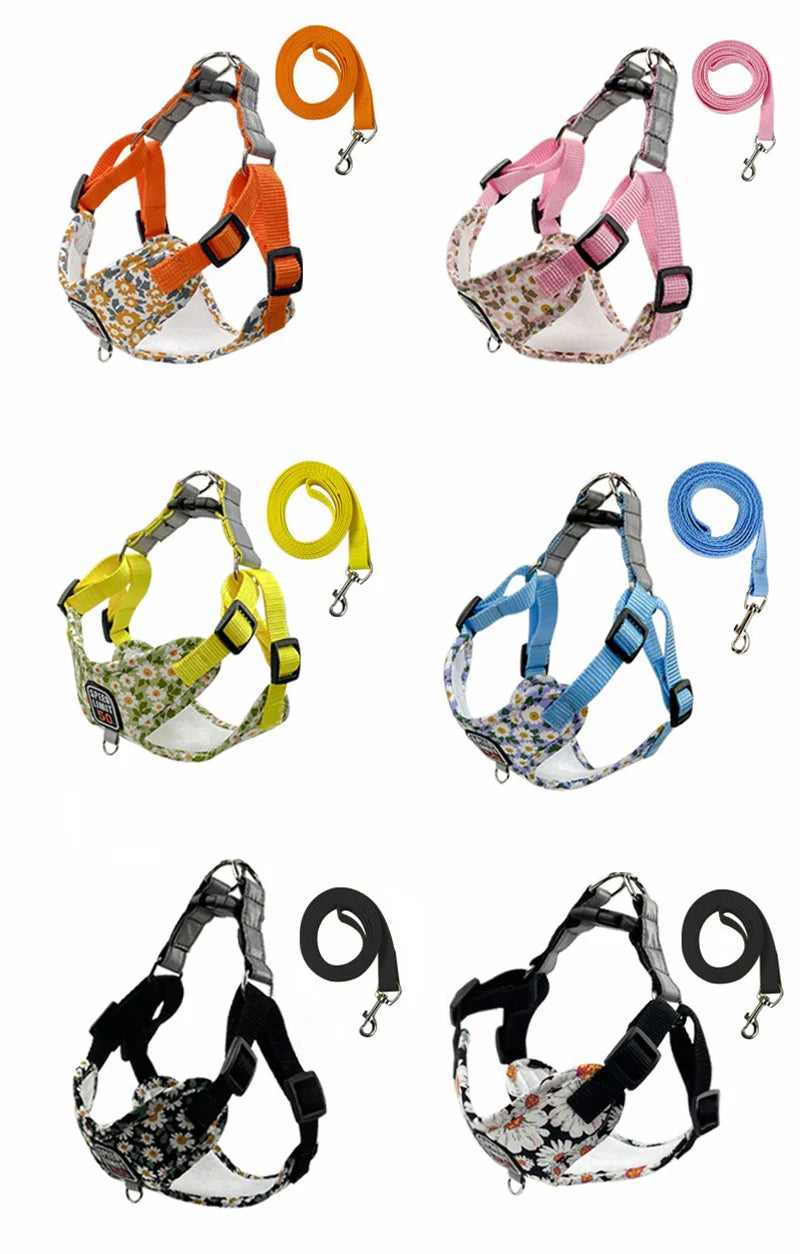 Flower Print X-Shape Harness & Leash Set for Cats & Small Dogs