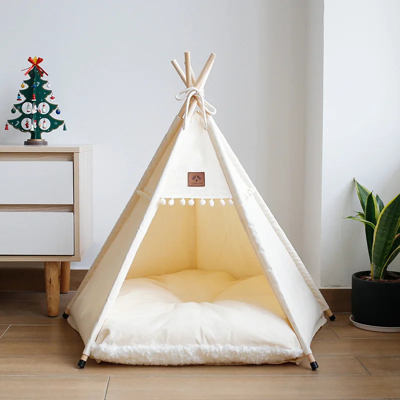 Indoor Pet Teepee Tent Bed with Thick Cushion – Canvas, Washable
