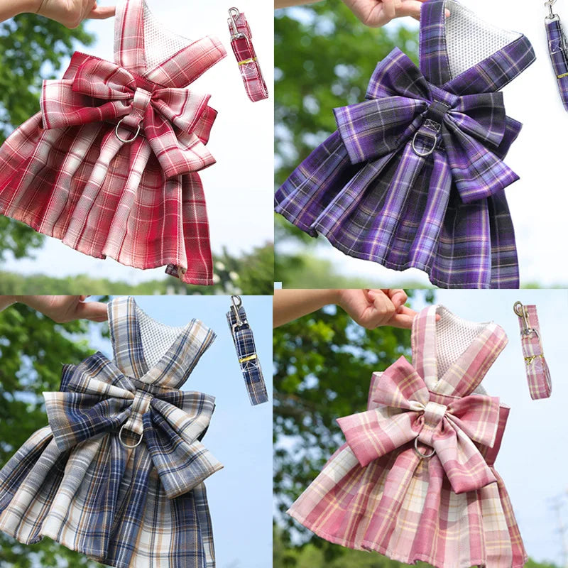 Plaid Bow Dress & Leash Set for Cats and Small Dogs