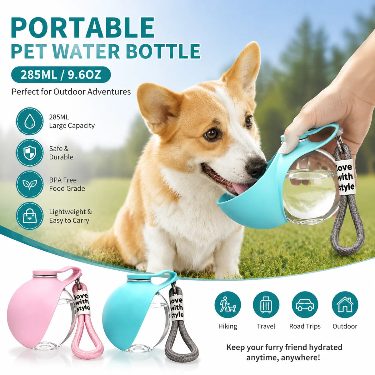 2-in-1 Stainless Steel Dog Water Bottle with Removable Silicone Bowl — 285ml