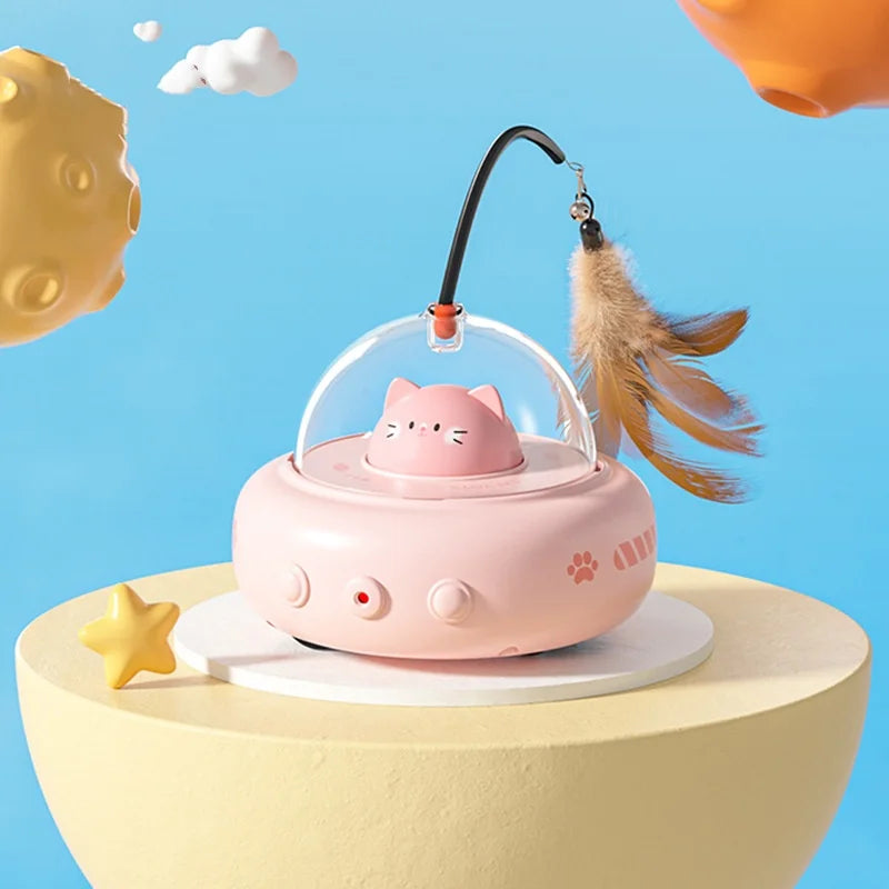 Electric UFO Cat Teaser Toy with Bell & Replaceable Feather