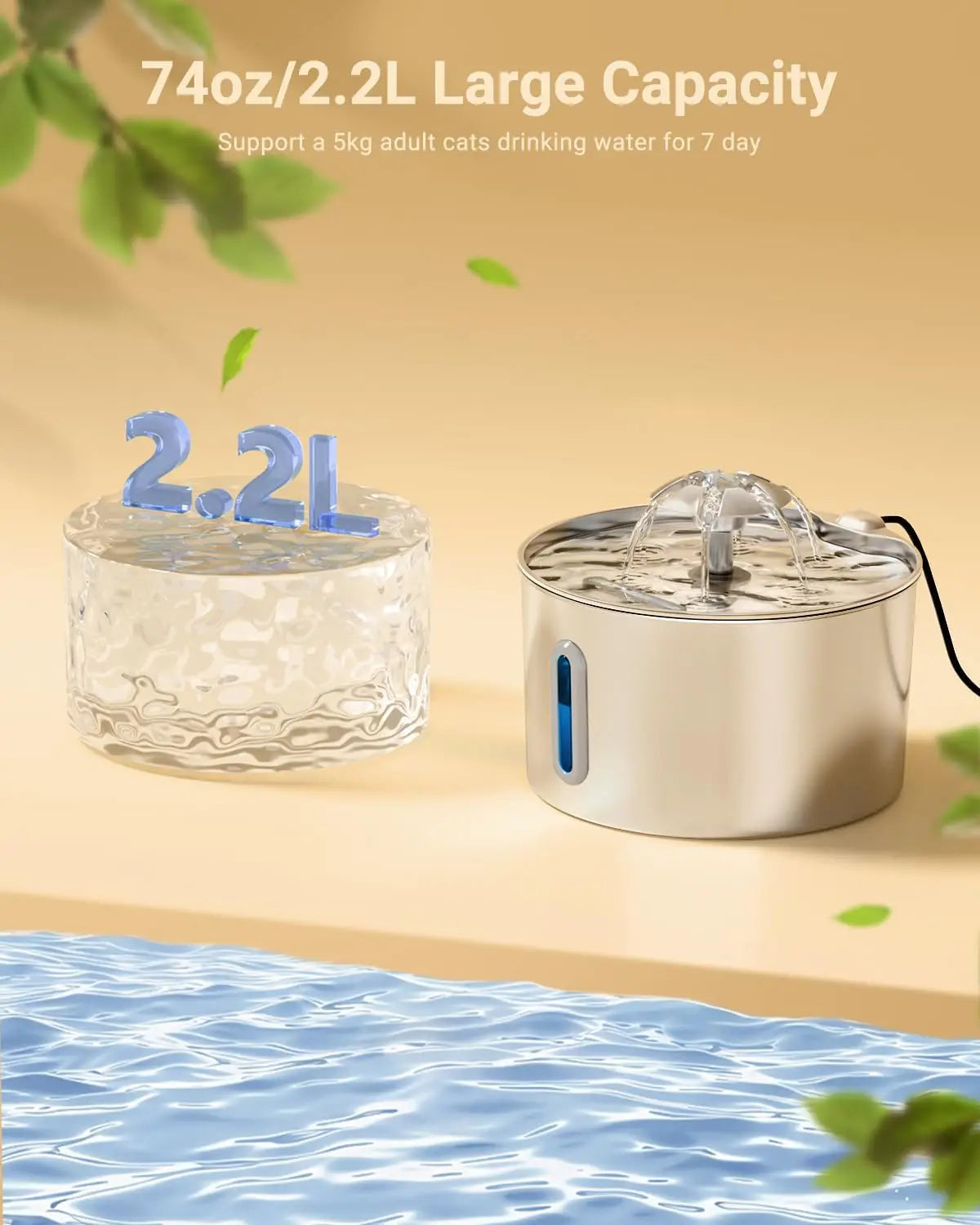 Distributeur d'eau pour animaux de compagnie en acier inoxydable de 2,2 L avec double mode de sortie et conception de sortie de fleur pour que les animaux apprécient davantage de boire de l'eau