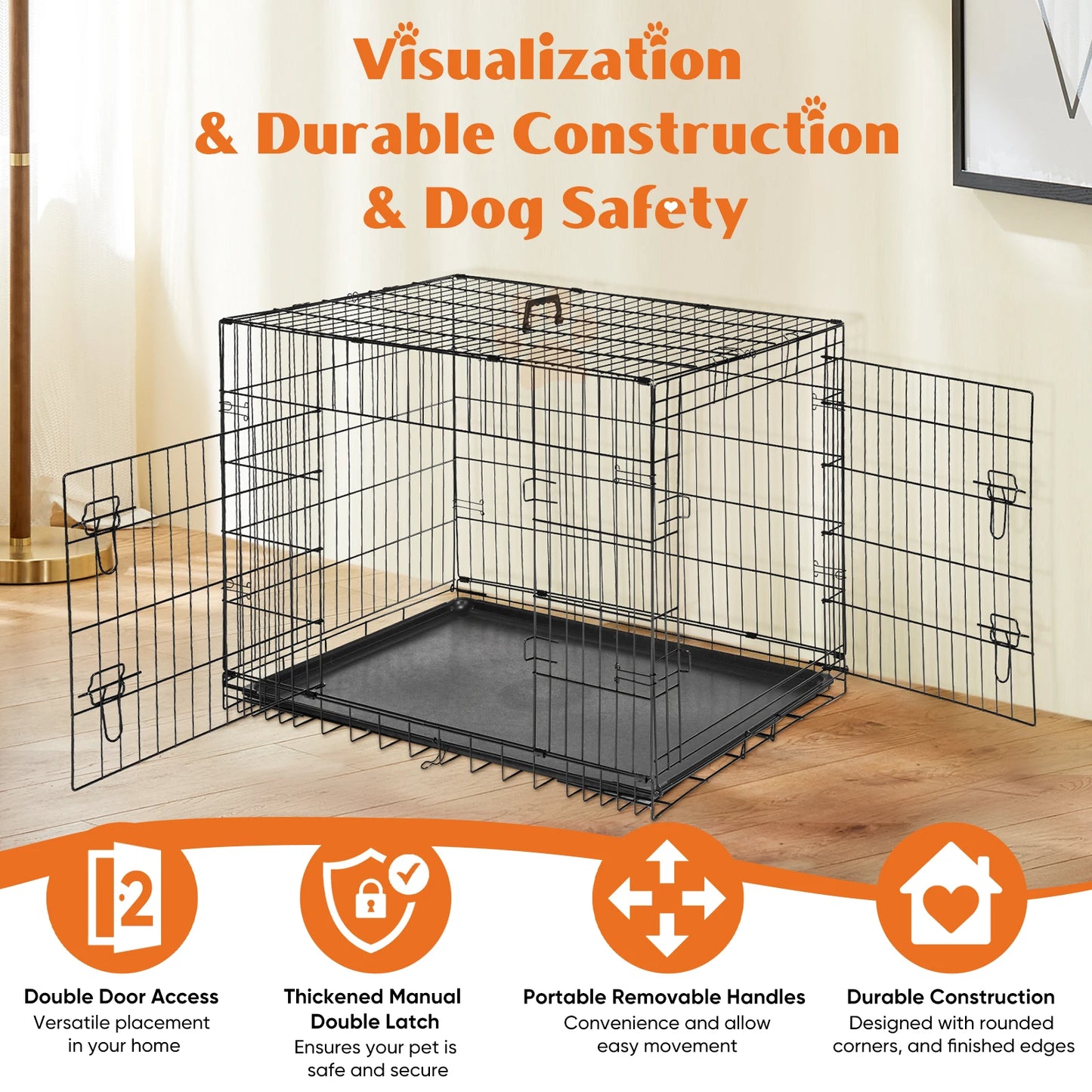 Folding Metal Wire Dog Crate with Leak-Proof Tray | Double Door