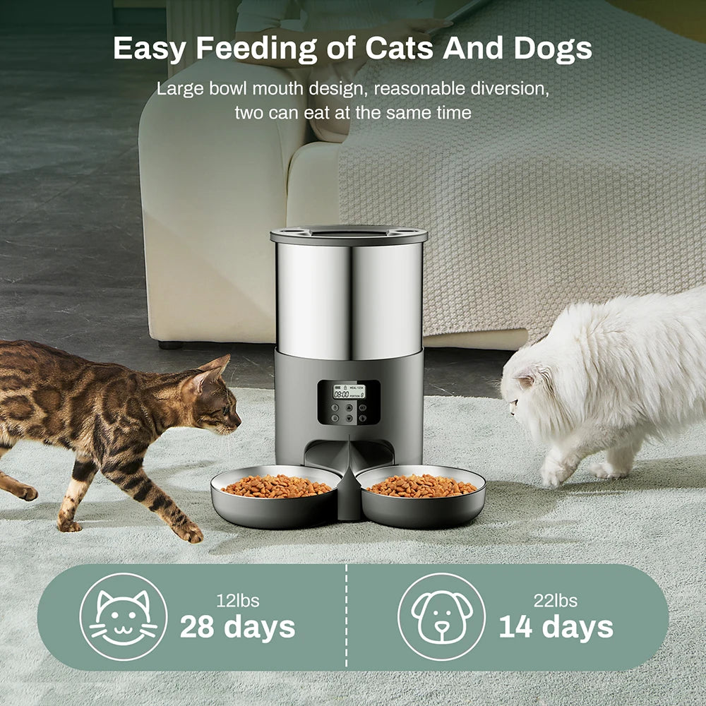 Distributeur automatique de croquettes 4L – Mangeoire en acier inoxydable avec contrôle par application WiFi ou bouton